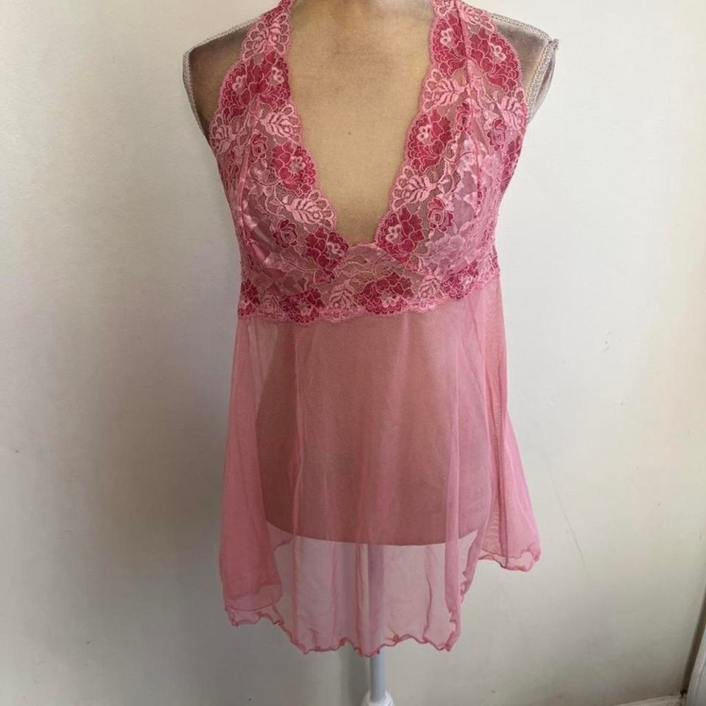 Victoria's Secret Babydoll Lingerie Women Large Pink Lace Halter